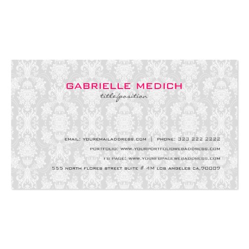 Pink & White Floral Damasks With Pink Bow Business Card Templates (back side)