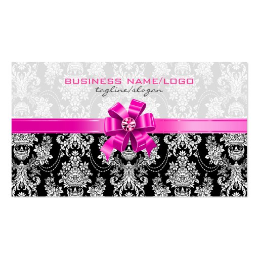 Pink & White Floral Damasks With Pink Bow Business Card Templates (front side)