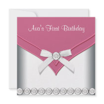 Pink White Girls First Birthday Party Custom Invitations