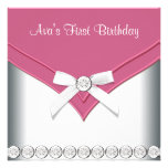 Pink White Girls First Birthday Party Custom Invitations
