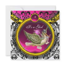PINK WHITE GOLD DAMASK STORK BABY SHOWER MONOGRAM INVITATION