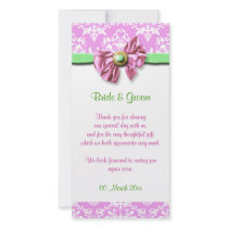 Pink white green damask wedding photo card