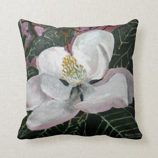 pink white green magnolia flower throw pillow Zazzle