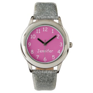 Pink & White Kid's Watch, Silver Glitter Strap