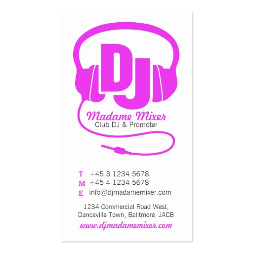 Pink & white ladies DJ promoter business card (front side)