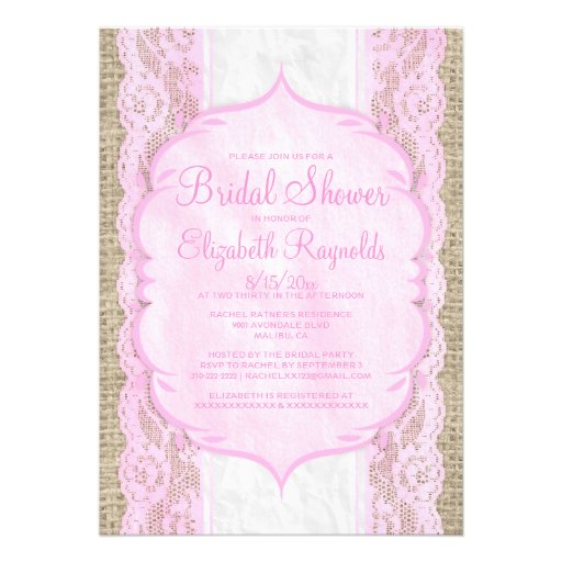 Pink White Linen Burlap Lace Bridal Shower Invites