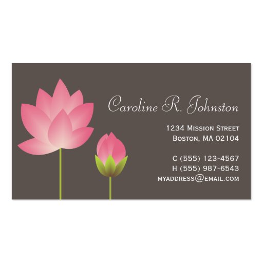 Pink white lotus flower modern gray personal business cards (front side)