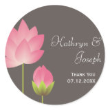 Pink white lotus flowers modern gray wedding favor round sticker