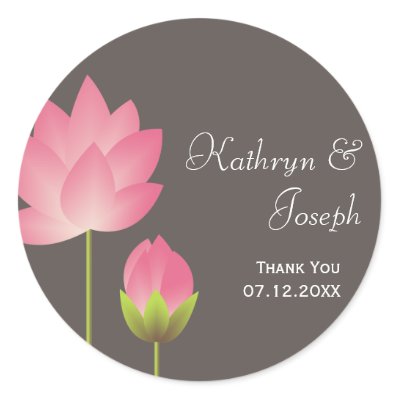 Pink white lotus flowers modern gray wedding favor round sticker by 