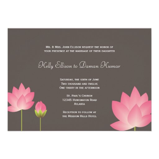 Pink white lotus flowers modern slate gray wedding custom invite