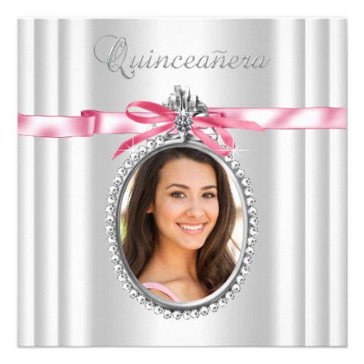 Pink White Photo Quinceanera Personalized Announcement
