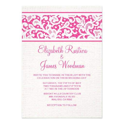 Pink White Rustic Burlap Linen Wedding Invitations