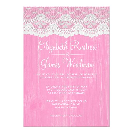 Pink White Rustic Lace Wood Wedding Invitations