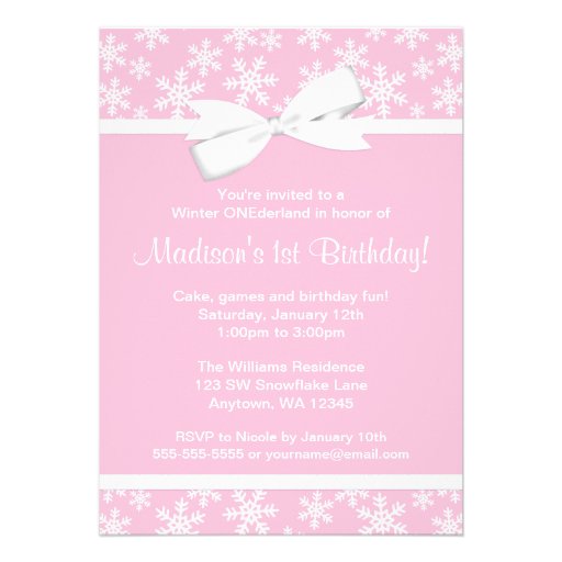 Pink White Snowflakes Bow Winter ONEderland Personalized Invite