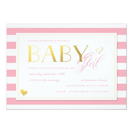 Pink & White Stripe Baby Girl Shower with Gold Custom Invitation (front side)