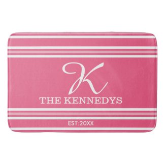 Pink White Stripes Family Name Monogrammed Bath Mats