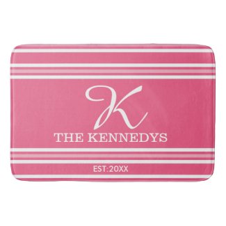 Pink White Stripes Family Name Monogrammed Bath Mats