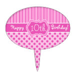Pink, White Stripes, Polka Dots Happy Birthday! Oval Cake Toppers