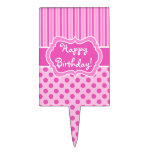 Pink, White Stripes, Polka Dots Happy Birthday! Rectangular Cake Pick