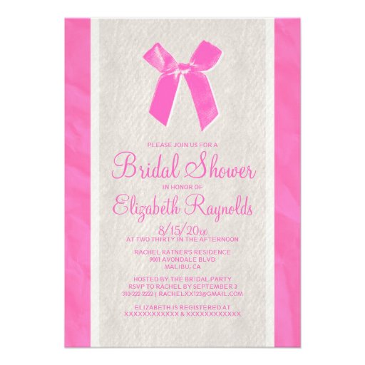 Pink White Vintage Bow Linen Bridal Shower Invites