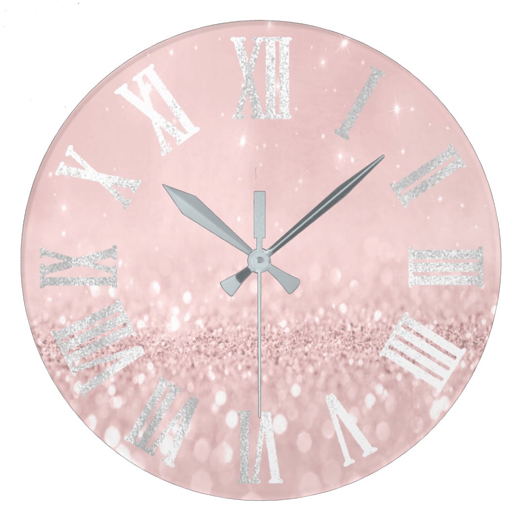 Pink Wow Gray Silver Glitter Metal Roman Numers Large Clock Zazzle