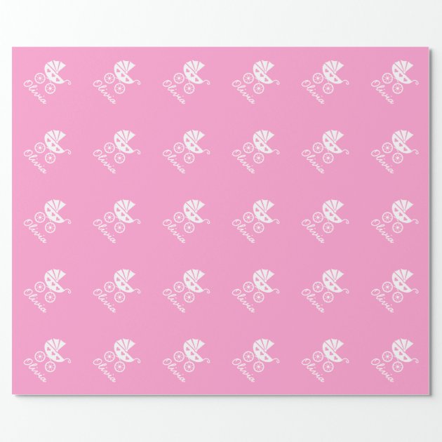 Pink wrapping paper with cute baby carriage 3/4