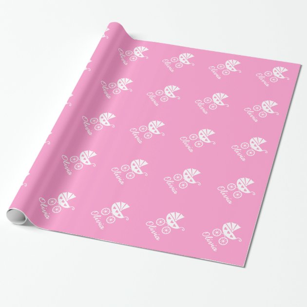 Pink wrapping paper with cute baby carriage 2/4