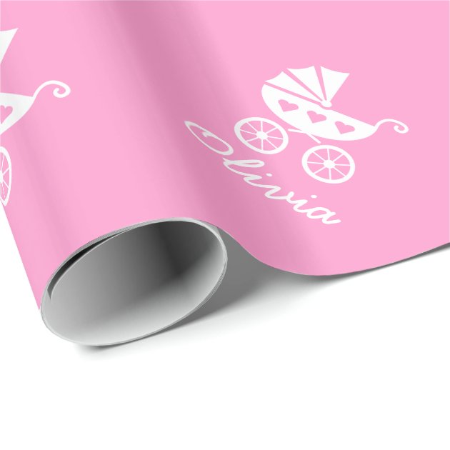 Pink wrapping paper with cute baby carriage 1/4