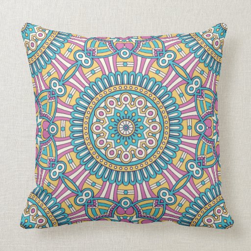 Pink yellow and green kaleidoscope flowers throw pillow Zazzle