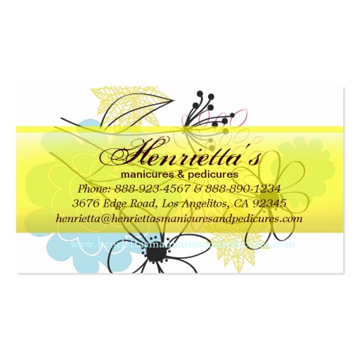 Pink Yellow Aqua Pastel Retro Floral Business Card Templates (back side)