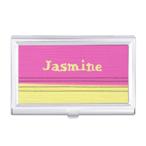 Pink Yellow Candy Stripe Pattern Custom Name Business Card Cases