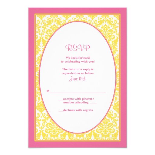 Pink Yellow Floral Damask Wedding Reply Card Invitations