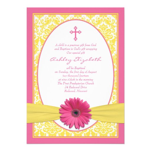 Pink Yellow Gerbera Daisy Baptism Invitation