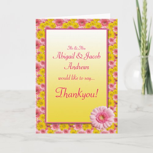 Pink Yellow Gerbera Daisy Flowers Wedding Thankyou card