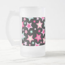 Pink Yellow Green Stars on Black Mugs