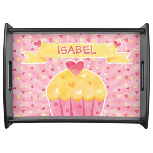 Pink & Yellow Watercolor Cupcake with Custom Text Food Tray