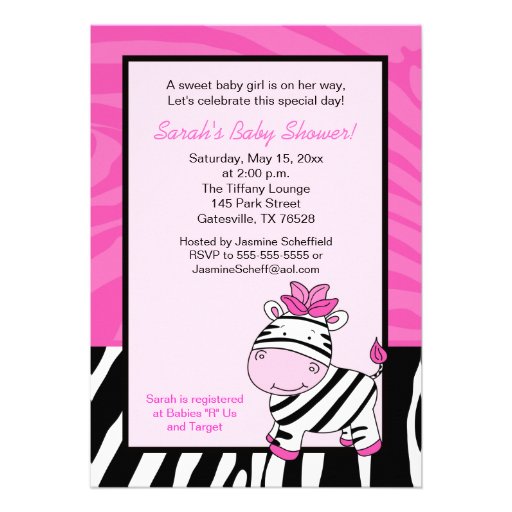 Pink Zebra 5x7 Baby Shower Invitation