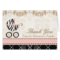 Pink Zebra Baby Carriage Shower Thank You Notes cards