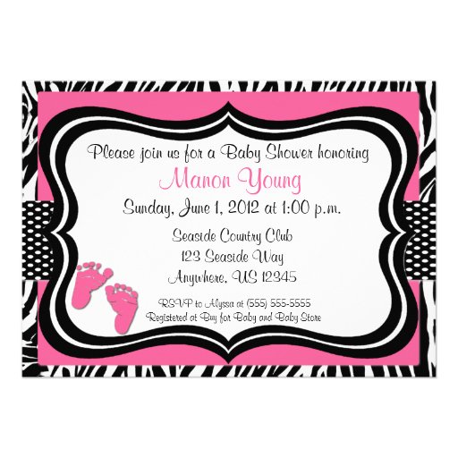 Pink Zebra Baby Feet Print Baby Shower Invitation