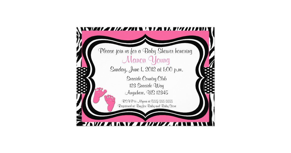 Pink Zebra Baby Feet Print Baby Shower Invitation