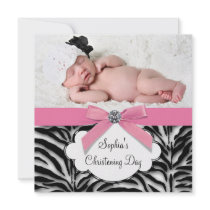 Pink Zebra Baby Girl Photo Christening Personalized Announcement