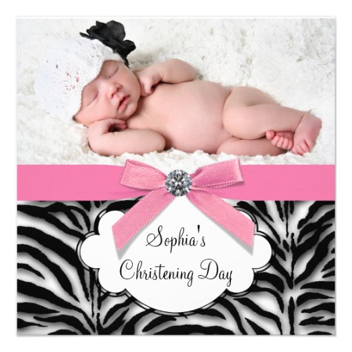 Pink Zebra Baby Girl Photo Christening Personalized Announcement
