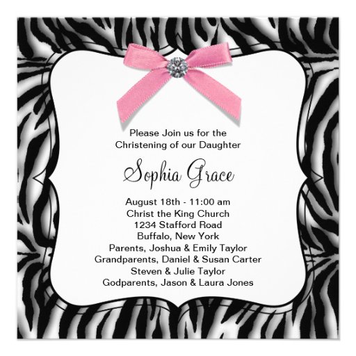 Pink Zebra Baby Girl Photo Christening Personalized Announcement