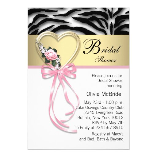 Pink Zebra Black Gold Zebra Bridal Shower Personalized Invitation