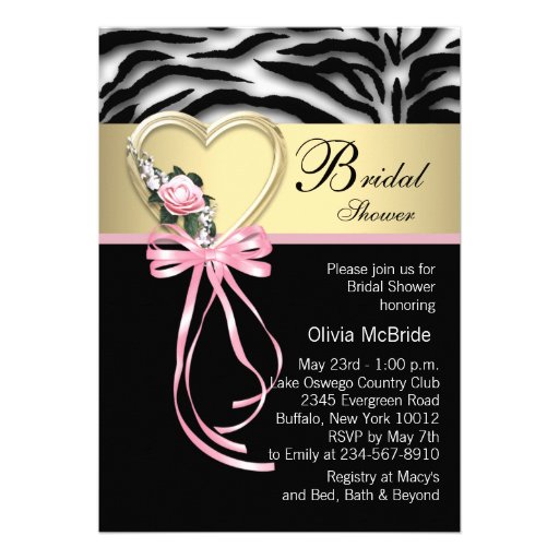 Pink Zebra Black Gold Zebra Bridal Shower Custom Invitations