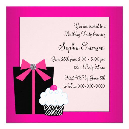 Pink Zebra Cake Cupcake Birthday Party Invitations