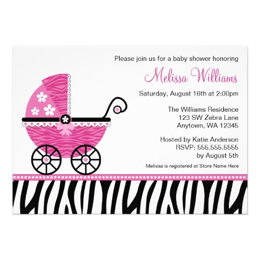 Pink Zebra Carriage Girl Baby Shower Invitations