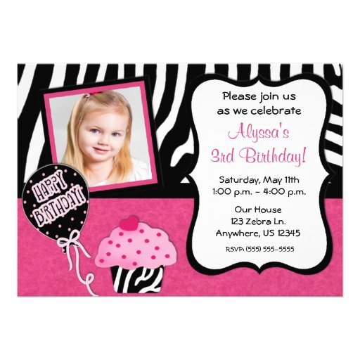 Pink Zebra Cupcake Girls Birthday Invitation (front side)