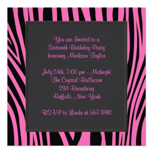 Pink Zebra Photo Sweet Sixteen Birthday Party Invite