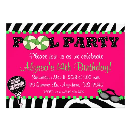 Pink Zebra Pool Party Birthday Invitation (front side)